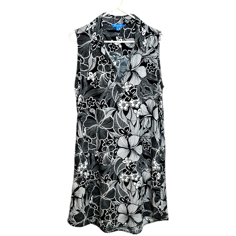 Blueginger Size L Black & White Tropical Hibiscus Print Sleeveless Dress